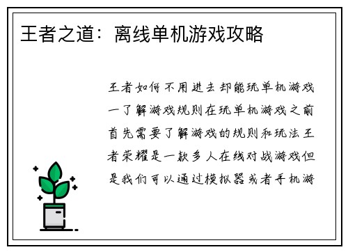 王者之道：离线单机游戏攻略